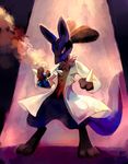  clothed_pokemon creature erlenmeyer_flask evil flask full_body gen_4_pokemon glitchedpuppet holding labcoat light lucario no_humans pokemon pokemon_(creature) red_eyes scientist signature solo standing steam 