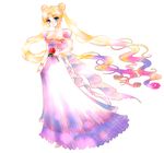  back_bow bare_shoulders bishoujo_senshi_sailor_moon blonde_hair blue_eyes bow crescent double_bun dress facial_mark flower forehead_mark full_body gown gradient_hair k_(kktkk) long_hair multicolored_hair pink_hair princess princess_serenity puffy_sleeves red_flower red_rose rose smile solo tsukino_usagi twintails 