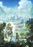  1boy 1girl black_gloves black_socks blonde_hair blue_hair breasts building cloud day dragon fantasy fingerless_gloves glasses gloves hat highres holding holding_staff konno_takashi leaf mountain open_mouth original outdoors pointing pointy_ears scenery shoes short_sleeves signature sky small_breasts socks spiked_hair staff standing tree weapon 