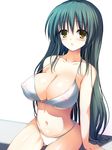  :o areolae arm_support bad_id bad_pixiv_id banned_artist bikini blush breasts cleavage collarbone covered_nipples green_hair huge_breasts long_hair navel original see-through shikano_sumiaki shiny shiny_skin simple_background sitting solo strap_gap swimsuit white_background white_bikini yellow_eyes 