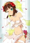  amami_haruka blush breasts brown_hair bustier cleavage dress elbow_gloves gloves green_eyes hair_ribbon hairband highres idolmaster idolmaster_(classic) medium_breasts midriff navel nitoro-star one_eye_closed panties petals ribbon shiny shiny_skin short_hair smile solo underwear wedding_dress white_panties 