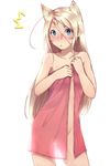 1girl :&lt; animal_ears aqua_eyes blonde_hair blush contrapposto extra_ears horosuke_(toot08) long_hair looking_at_viewer naked_towel original see-through_silhouette simple_background solo standing towel wet white_background 