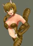  animal_ears bad_id bad_pixiv_id breasts brown_hair cat_ears fang fur green_eyes grey_background kitten_(monster_farm) medium_breasts monster_farm monster_girl navel short_hair simple_background solo tail tkln tongue tongue_out 