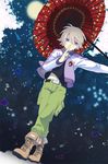  blonde_hair boots full_moon ivan_karelin jacket letterman_jacket male_focus moon oriental_umbrella parasol purple_eyes purple_jacket sakuya_(ks) solo tiger_&amp;_bunny umbrella 