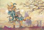  1girl 1other animal_ears bare_tree bird blonde_hair blue_hat blue_jacket centaur cloud cloudy_sky commentary_request dated hat hood hood_down hooded_jacket jacket konno_takashi long_sleeves medium_hair monster_girl navel original outdoors sky solo_focus tail taur tombstone traditional_media tree 