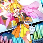 bad_id bad_pixiv_id belt blonde_hair bow citron_82 detached_sleeves dutch_angle frills hair_bow kagerou_project kisaragi_attention_(vocaloid) kisaragi_momo looking_at_viewer open_mouth pointing pointing_at_viewer red_eyes short_hair side_ponytail solo vocaloid zoom_layer 