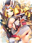  arinna_karin_galaxia ass bad_id bad_pixiv_id blonde_hair boots breasts cherrypin cleavage drill_hair green_eyes hat junketsu_duelion large_breasts long_hair looking_at_viewer official_art petals solo sword thigh_boots thighhighs underboob weapon white_background 