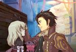  1girl alvin_(tales) bad_id bad_pixiv_id blonde_hair brown_eyes brown_hair coat cravat creature cropped_jacket elize_lutus frown green_eyes hand_on_another's_head kugiko short_hair smile tales_of_(series) tales_of_xillia teepo_(tales) 