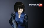  1girl an-bl armor artist_request assault_rifle black_hair brown_eyes chiaki_kurihara crossover female glasses gun hime_cut mass_effect mass_effect_3 md5_mismatch miniskirt_pirates rifle semi-rimless_glasses short_hair solo weapon 