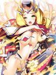  arinna_karin_galaxia bad_id bad_pixiv_id blonde_hair blush breasts cherrypin cleavage drill_hair green_eyes hat junketsu_duelion large_breasts long_hair looking_at_viewer navel official_art open_mouth solo sword tears torn_clothes weapon white_background 