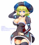  :d asamura_hiori black_legwear blonde_hair blue_eyes breasts choker cleavage detached_sleeves fang fonewearl hat highres large_breasts long_pointy_ears long_sleeves looking_at_viewer open_mouth phantasy_star phantasy_star_online phantasy_star_online_font pointy_ears puffy_sleeves smile solo thighhighs white_background zettai_ryouiki 