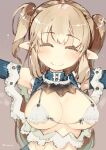  1girl bikini blush breasts closed_eyes detached_sleeves facing_viewer grey_background highres konno_takashi large_breasts light_brown_hair long_hair original outstretched_arms pointy_ears sidelocks simple_background smile solo swimsuit two_side_up upper_body white_bikini 