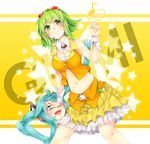  :d aqua_eyes aqua_hair bare_shoulders belt breasts detached_collar goggles green_eyes green_hair gumi hatsune_miku head headphones headset medium_breasts midriff multiple_girls musical_note navel open_mouth serizawa_mutsuki shiteyan'yo skirt smile sweatdrop vocaloid wrist_cuffs 