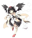  black_hair geta hat itoo looking_at_viewer open_mouth paper pointy_ears red_eyes scarf shameimaru_aya short_hair simple_background skirt smile solo tengu-geta tokin_hat touhou white_background wings 