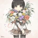  1girl black_hair black_pantyhose blunt_bangs bouquet commentary_request flower highres holding holding_bouquet konno_takashi long_sleeves looking_at_viewer open_mouth original pantyhose pink_eyes pink_flower pink_rose pleated_skirt purple_flower red_flower red_rose red_skirt rose shirt signature simple_background skirt solo white_flower white_rose white_shirt yellow_flower 