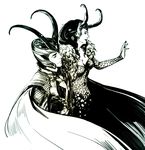  1girl breasts cape cleavage dual_persona genderswap genderswap_(mtf) helmet horns loki_(marvel) long_hair marvel medium_breasts monochrome reine_(artist) 