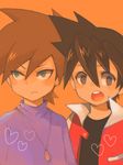  black_eyes black_hair blush brown_hair green_eyes multiple_boys ookido_green open_mouth orange_background pokemon pokemon_special red_(pokemon) red_eyes shoku_jaku tegaki 