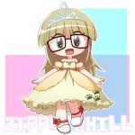  1girl bespectacled blonde_hair blunt_bangs blush border bow character_name child commentary_request commission deformed detached_sleeves dress english_text frilled_dress frills full_body gem glasses green_eyes happy highres ikkyuu lolita_fashion long_hair looking_at_viewer my_little_pony my_little_pony:_friendship_is_magic open_mouth paw_print personification pixiv_commission puffy_sleeves red_bow red_ribbon ribbon shoes smile standing tiara white_border white_footwear yellow_dress zipporwhill 