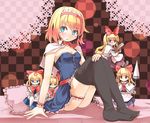  alice_margatroid anger_vein bad_feet bed black_legwear blonde_hair blue_eyes bow breasts bustier cleavage culter garters hair_bow hairband hourai_doll lance leg_garter long_hair looking_at_viewer pantyhose pantyhose_pull polearm shanghai_doll short_hair sitting small_breasts solo touhou weapon wrist_cuffs 