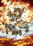  black_hair black_socks blue_neckerchief blue_sailor_collar blunt_bangs blush dated explosion hair_bobbles hair_ornament hatsuyuki_(kancolle) highres hime_cut kantai_collection konno_takashi long_hair neckerchief open_mouth panties pantyshot pleated_skirt rigging sailor_collar sazanami_(kancolle) school_uniform serafuku skirt socks solo_focus sweat tears thigh_strap torn_clothes twitter_username underwear water white_panties 