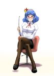  alternate_costume bespectacled blue_hair breasts brown_legwear chair crossed_legs full_body glasses hair_ornament highres iwatobi_hiro large_breasts leaf office_chair pantyhose pencil_skirt red-framed_eyewear red_eyes riding_crop semi-rimless_eyewear shadow shoes short_hair simple_background sitting skirt smile solo teacher touhou yasaka_kanako 