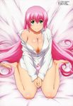  absurdres alternate_hairstyle barefoot breasts cleavage dress_shirt hagure_yuusha_no_estetica hair_down highres kneeling large_breasts legs long_hair megami no_pants non-web_source off_shoulder official_art open_clothes open_shirt ousawa_miu pink_hair scan shirt smile solo takahara_shuuji very_long_hair 