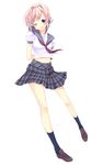  ;) arms_behind_back blush highres navel one_eye_closed original pink_eyes pink_hair plaid plaid_skirt sana_(unyata) school_uniform serafuku skirt smile solo white_background 