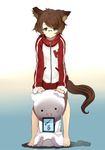  animal_ears arm_support barefoot brown_hair copyright_request glasses green_eyes hair_ornament hairclip long_sleeves looking_at_viewer shirabi short_hair sleeves_past_wrists smile solo standing sweater tail turtleneck zipper 