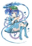  blue_eyes blue_hair blush boots gears hair_bobbles hair_ornament hat kawashiro_nitori key monmonga short_hair skirt smile solo touhou two_side_up water 