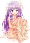  :o barefoot breasts crescent crescent_hair_ornament feet hair_ornament hat highres latex long_hair looking_at_viewer medium_breasts naka patchouli_knowledge purple_eyes purple_hair see-through shiny sitting solo touhou 