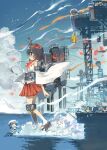  6+girls bell black_eyes black_hair blush closed_mouth cloud day detached_sleeves fairy_(kancolle) flower from_side hat headgear helmet highres japanese_clothes kantai_collection konno_takashi multiple_girls nontraditional_miko open_mouth outdoors petals red_flower rigging short_hair sky tabi water white_hat wide_sleeves yamashiro_(kancolle) 