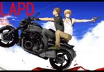  bad_id bad_pixiv_id beretta_92 blonde_hair brown_eyes brown_hair casual cigarette cross fate/zero fate_(series) fingerless_gloves gilgamesh gloves ground_vehicle gun handgun holster jewelry kotomine_kirei male_focus motor_vehicle motorcycle multiple_boys necklace pistol police red_eyes shoulder_holster smoking tank_top tohkawa weapon wheelie yamaha_v-max 