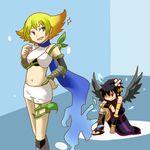  1girl :d age_difference angry armlet bandages bangs bare_shoulders bike_shorts black_hair blonde_hair chiton clenched_teeth crop_top crown dark_pit detached_sleeves eleka fluora fur_trim glowing gradient gradient_hair hair_over_one_eye halterneck hand_on_hip holding kid_icarus kid_icarus_uprising kneeling lowres midriff multicolored_hair navel open_mouth orange_hair plant red_eyes sandals sash scarf short_hair short_shorts shorts smile sparkle spiked_hair standing teeth thighlet torn_clothes vambraces vines wings 