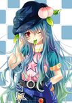  absurdres alternate_costume belt blue_hair checkered checkered_background food fruit hat highres hinanawi_tenshi jiji_(381134808) leaf long_hair mouth_hold one_eye_closed peach pouch red_eyes smile solo star touhou 