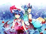  arm_ribbon back-to-back bat_wings blue_dress blue_eyes blue_hair blush bow cross dress flower fuuna_(conclusion) hair_bow hat hat_ribbon jewelry multiple_girls murasa_minamitsu necklace open_mouth pink_dress red_eyes red_flower red_rose remilia_scarlet ribbon rose short_hair smile touhou wings 