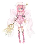  agarest_senki_(series) agarest_senki_mariage blade_(galaxist) blue_eyes boots bow detached_sleeves dress farsia_(agarest_senki) flower full_body hat long_hair official_art pink pink_footwear pink_hair simple_background skirt solo staff standing 