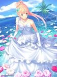  banned_artist bare_shoulders blonde_hair brown_eyes butterfly_hair_ornament dress elbow_gloves flower gloves hair_ornament himehara_tsubasa ilog jewelry long_hair mana_kakkowarai necklace official_art palm_tree ponytail resized skirt_hold smile solo tree water watermark web_address wedding_dress wet wet_clothes white_gloves 