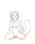  2019 animal_humanoid aqua_hair bell blue_eyes blush breasts cat cat_humanoid chest_tuft clothed clothing collar digital_media_(artwork) english_text feline feline_humanoid female fur hair humanoid mammal nipples nude open_mouth paws pussy restricted_palette short_hair simple_background solo strawberrytfs surprise text transformation tuft vaginal whiskers white_background white_fur 