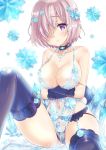  1girl bangs bare_shoulders black_panties blush breast_hold breasts choker closed_mouth collarbone commentary_request crossed_arms crystal embarrassed eyebrows_visible_through_hair facing_viewer fate/grand_order fate_(series) garter_belt garter_straps gem gloves hair_between_eyes hair_ornament hair_over_one_eye jewelry lace lace-trimmed_thighhighs large_breasts lingerie looking_at_viewer mash_kyrielight navel necklace panties pink_hair purple_eyes revealing_clothes royal_icing see-through short_hair solo thighhighs underwear underwear_only uonuma_yuu 