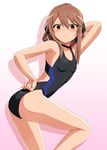  arm_up armpits blush brown_eyes brown_hair flat_chest hand_on_hip long_hair long_legs looking_at_viewer one-piece_swimsuit ookami-san ookami_ryouko shadow shirosame solo swimsuit 