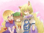  animal_ears bad_id bad_pixiv_id blonde_hair blush brown_hair cat_ears chen closed_eyes earrings fang fox_ears fox_tail hammer_(sunset_beach) hat jewelry multiple_girls multiple_tails no_hat no_headwear pink_background purple_eyes sweatdrop tail touhou v_arms yakumo_ran yakumo_yukari yellow_eyes 