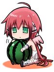  ahoge bad_id bad_pixiv_id bare_shoulders chibi detached_sleeves food fruit green_eyes hair_ornament ikaros long_hair lowres nean no_pupils pink_hair solo sora_no_otoshimono watermark watermelon wings 