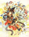  2boys animal_ears apple black_dress black_footwear black_hair black_hat black_pantyhose blonde_hair bloomers book cat_ears cat_girl cat_tail commentary_request dated dress food fruit glasses hat highres holding holding_book holding_sword holding_weapon juliet_sleeves konno_takashi leaf long_hair long_sleeves looking_at_viewer multicolored_hair multiple_boys orange_eyes original pantyhose puffy_sleeves red_eyes red_hair shoes star_(symbol) sword tail tilted_headwear traditional_media weapon white_bloomers witch_hat 