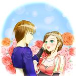  1boy 1girl aqua_eyes blush breasts brother_and_sister brown_hair coat droselle_schall flower jewelry klein_schall long_hair necklace open_mouth rose short_hair siblings tales_of_(series) tales_of_xillia 