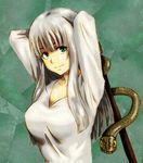  arms_behind_head bangs blunt_bangs bokken chachamaru-f green_background green_eyes hakudou_yayoi hoshi_no_samidare long_hair looking_at_viewer shea_moon silver_hair smile snake solo sword weapon wooden_sword 