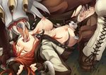  1girl blush boots breasts censored cum cum_in_pussy cum_inside dark_matrix eyes_closed fingerless_gloves gloves gunslinger highres large_breasts legs_up midriff missionary monster moonshell navel nipples open_clothes orange_hair pubic_hair ragnarok_online rape sex tears torn_clothes vaginal 