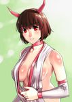  bare_shoulders breasts brown_hair choker detached_sleeves horns kasumi_(monster_farm) large_breasts monster_farm short_hair smile solo tkln upper_body 