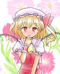  ascot bad_id bad_pixiv_id blonde_hair blush finger_to_mouth flandre_scarlet flower hat hat_ribbon looking_at_viewer nightcap red_eyes ribbon short_hair side_ponytail simple_background solo touhou usagikoya wings wrist_cuffs 