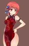  arm_garter armband bare_shoulders blush breasts china_dress chinese_clothes dress hair_ornament hand_on_hip highres hips kagaminomachi_no_kaguya kusanagi_tonbo large_breasts official_art pelvic_curtain red_eyes red_hair saruwatari_akari short_hair simple_background smile solo 