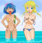  :d bikini blonde_hair blue_eyes blue_hair breast_hold breasts cleavage closed_eyes collarbone e-senmio earrings hands_on_hips jewelry medium_breasts multiple_girls navel necklace open_mouth original seaweed shell shell_bikini smile starfish swimsuit tan tanline wardrobe_malfunction water wet 